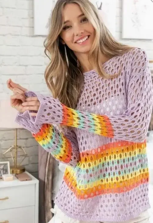 BiBi Purple Rainbow Striped Open Knit Crochet Sweater - Picture 3 of 7